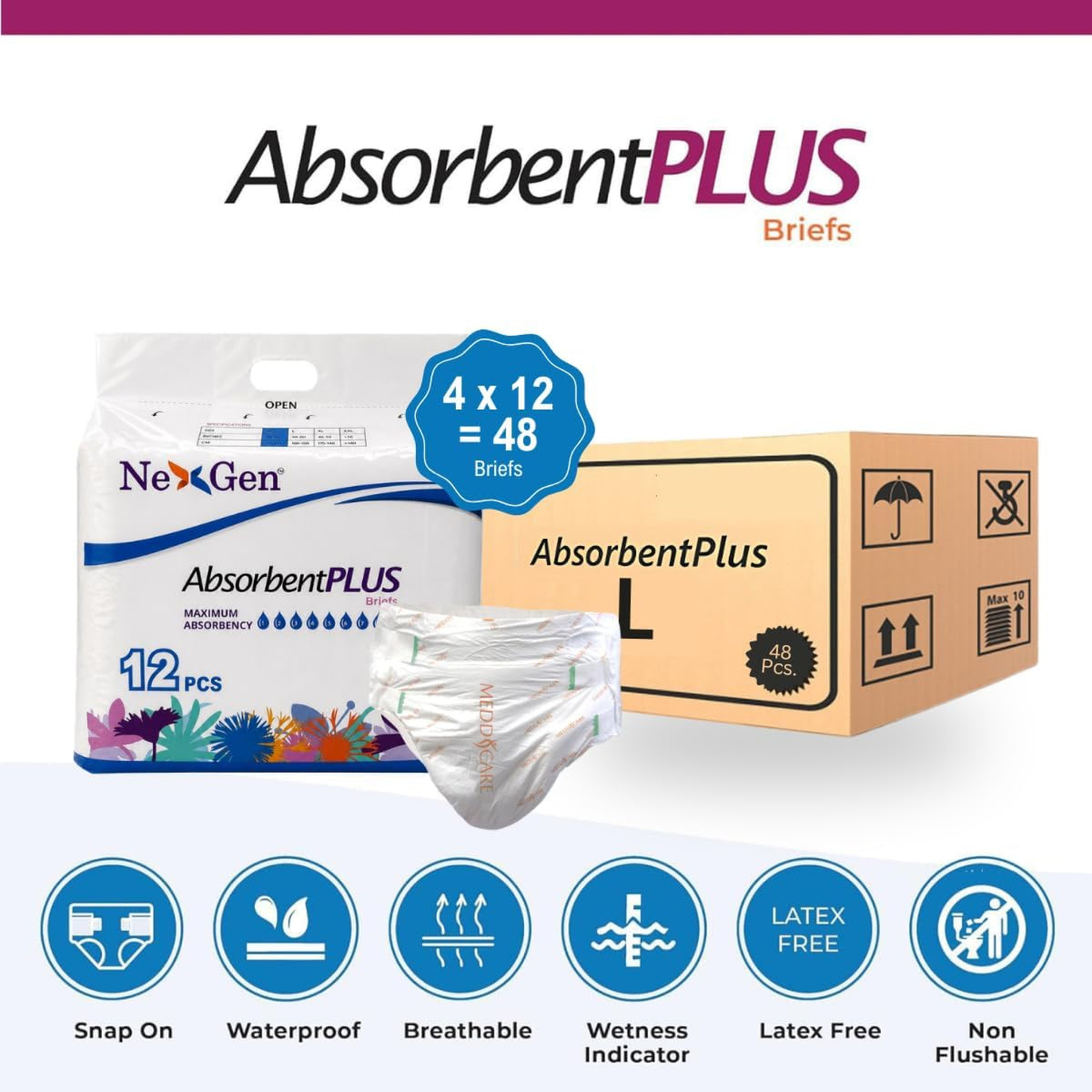 NEXGEN ABSORBENT PLUS OVERNIGHT UNISEX BRIEFS MAXIMUM ABSORBENCY - LARGE 12 count